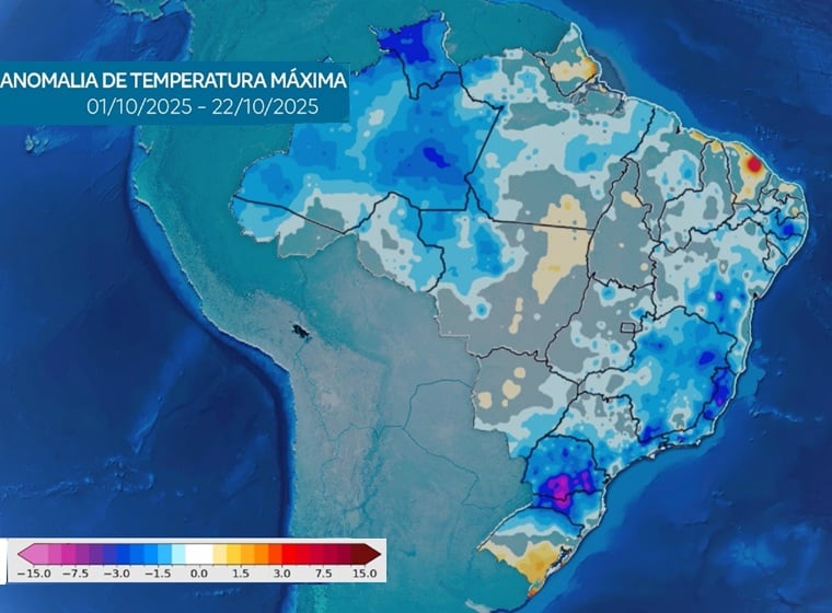 Anomalia da temperatura máxima no Brasil de 1 a 22 de outubro de 2025: tons de rosa e azul indicam áreas onde a temperatura média ficou abaixo do normal para outubro; tons em amarelo e vermelho indicam temperaturas acima do normal. (Fonte: Climatempo)