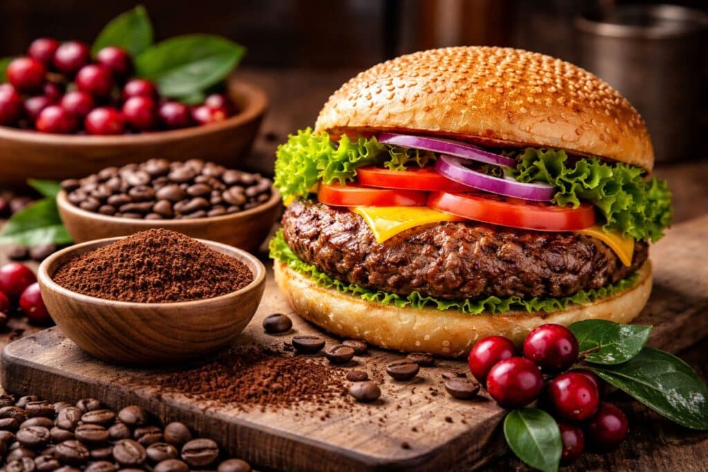 Hambúrguer gourmet com café e ingredientes