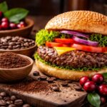 Hambúrguer gourmet com café e ingredientes