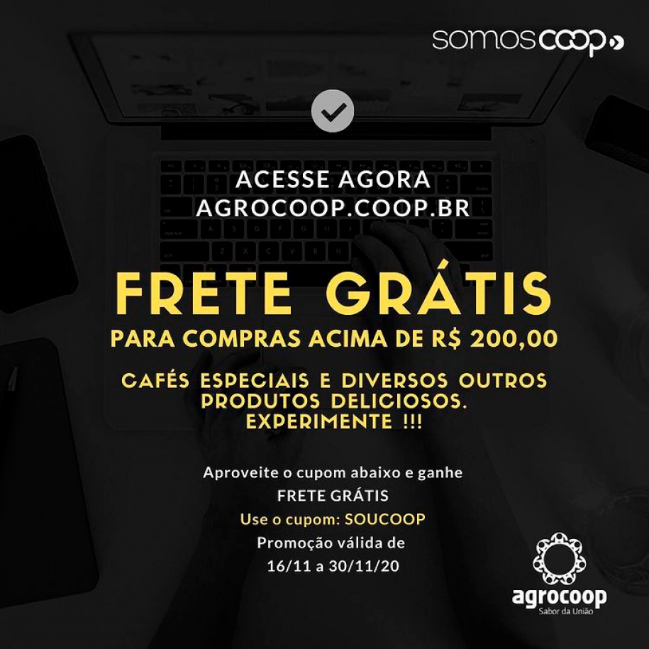 Agrocoop está com frete grátis para compras acima de R$ 200,00 em seu site