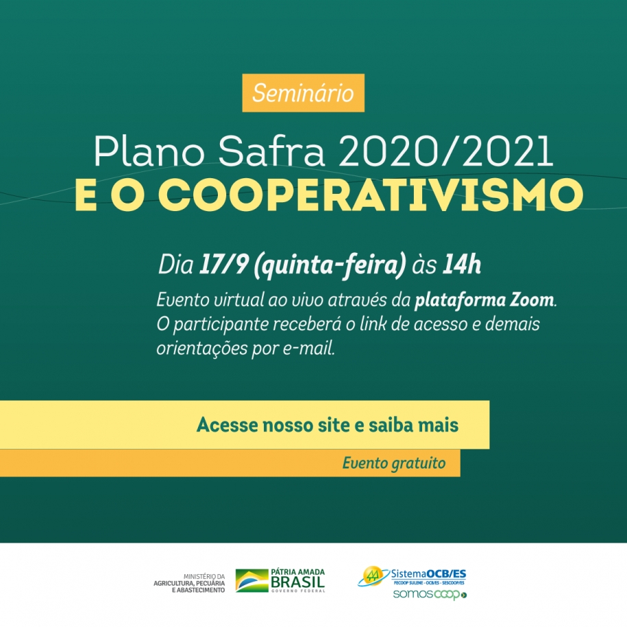 Sistema OCB/ES e Mapa realizam Seminário “Plano Safra 2021/2021 e o Cooperativismo” nesta quinta-feira (17)